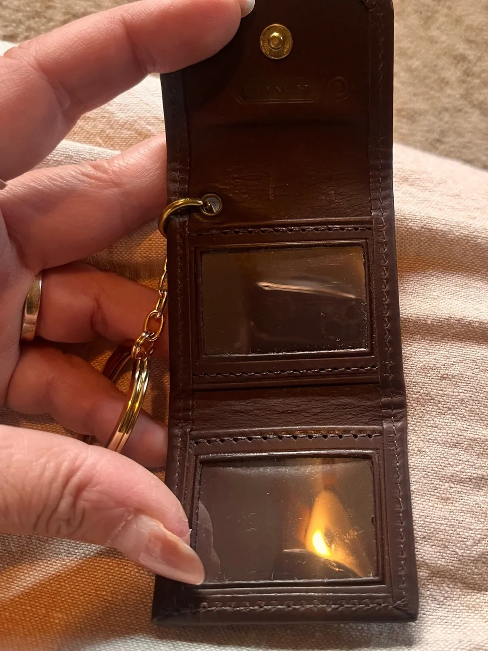 Vintage Coach Leather photo keychain Mahogany Brown with Gold Chain RARE